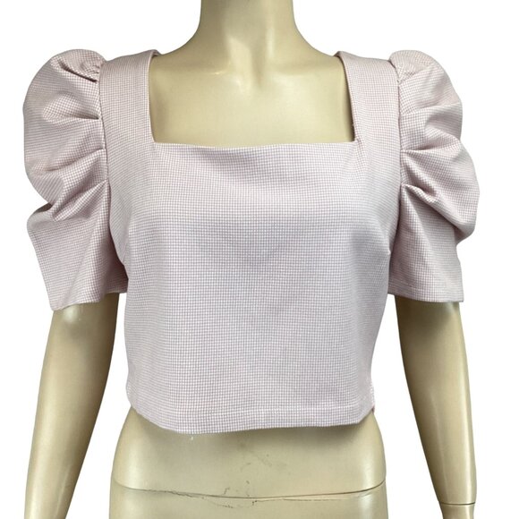 TCEC Crop Top Size‎ Large NWT Puff Sleeve Houndstooth Square Neck Pink - Picture 1 of 6